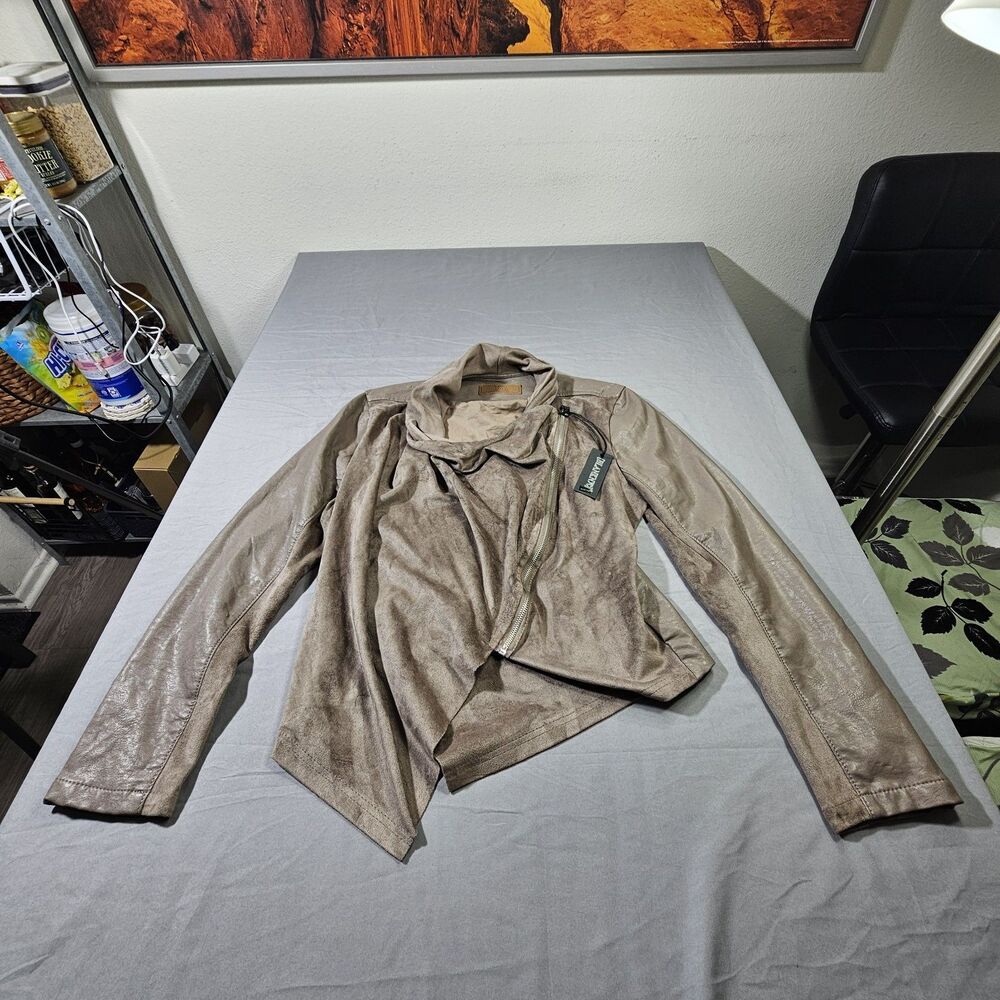 BLANKNYC Asymmetrical Drape Jacket Large NWT Taupe Faux Leather Suede Moto L